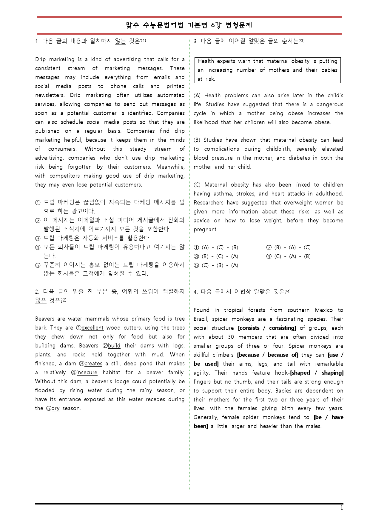 [변형문제 스토어] 맞수 수능문법어법 기본편 6강 변형문제_preview_1