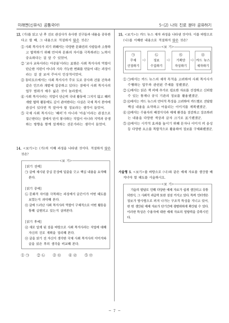 [22개정] 공통국어1 미래엔 5-(2) 나의 진로 분야 공유하기_내신예상문제_preview_7
