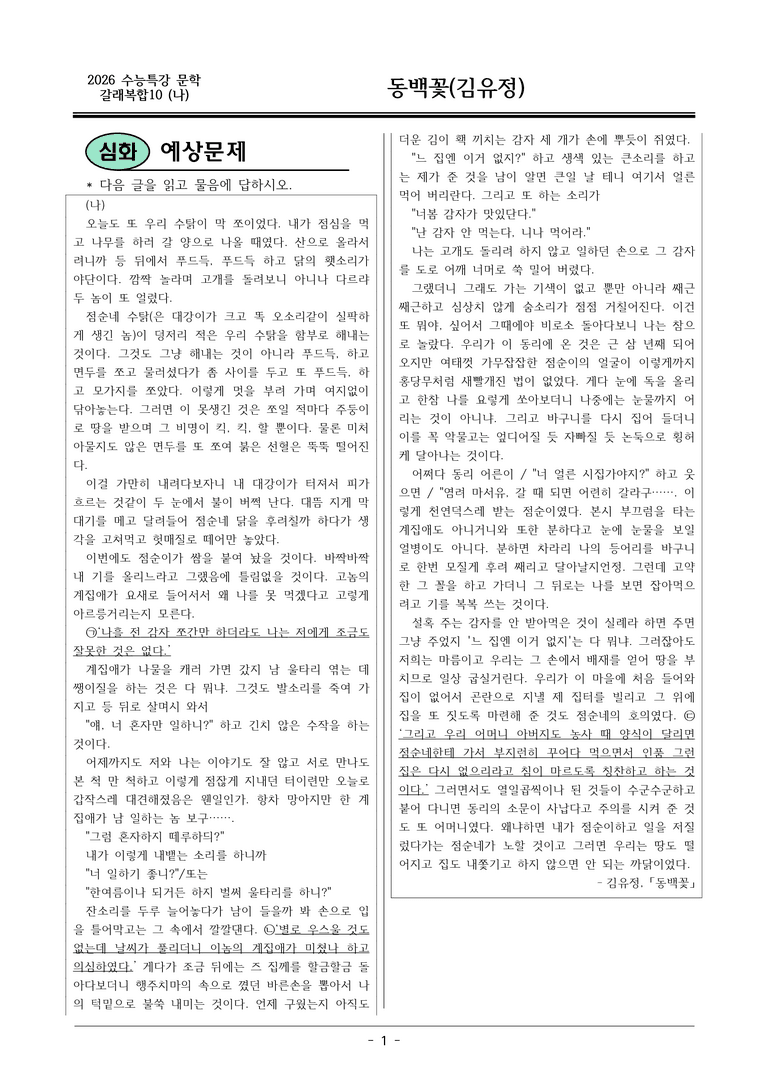 [2026 약술형 논술] 갈래복합10 (나) 동백꽃 _예상문제_preview_1