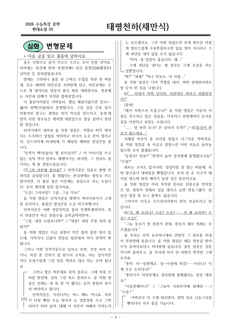 [2026 약술형 논술] 현대소설03 태평천하 _예상문제_preview_1