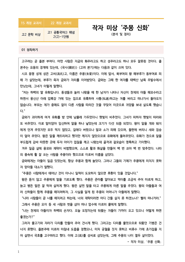 [22개정] 공통국어2 해냄 2-2 (1) 주몽 신화_작품분석_preview_1