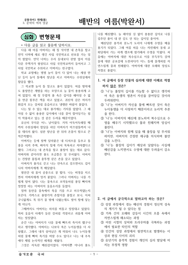 22개정 공통국어1 천재종 3-2_배반의 여름 변형문제01_preview_1