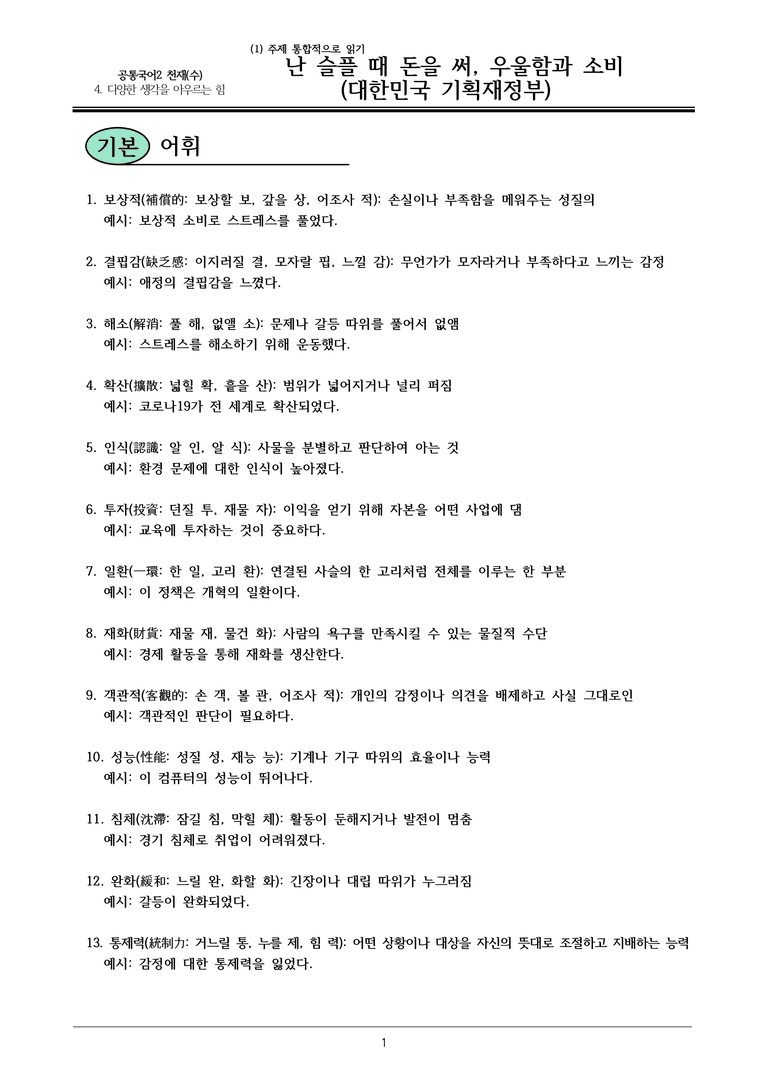 22개정 공통국어2 천재수 4-1 (나)_ 난 슬플 때 돈을 써, 우울함과 소비 내용정리_preview_1