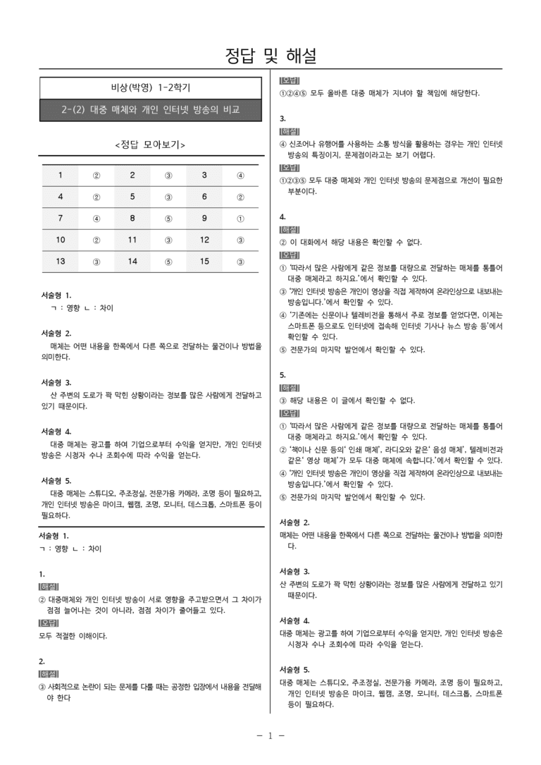 22개정 중1-2 비상(박영) 2(2) 대중 매체와 개인 인터넷 방송의 비교_내신예상문제_preview_5