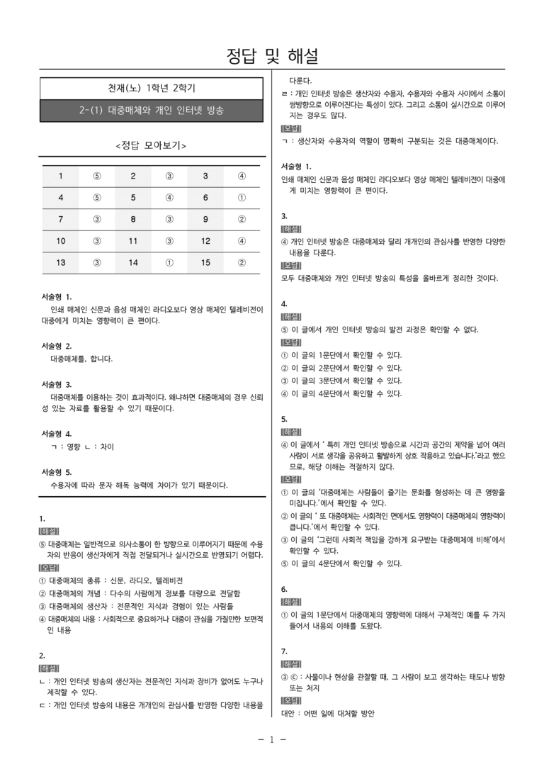 22개정 중등 1-2 천재(노) 2(1) 대중매체와 개인 인터넷 방송_내신예상문제_preview_5