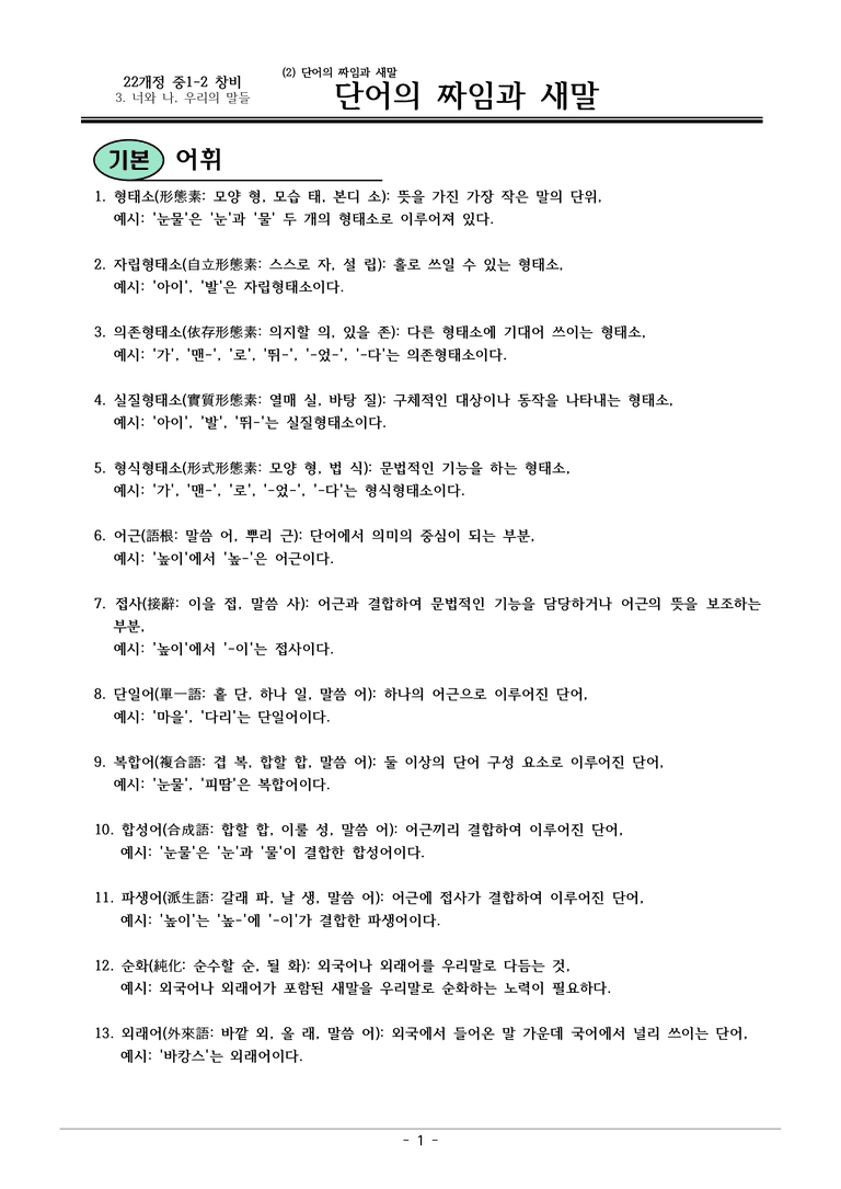 22개정 창비 중1-2 3(2) 단어의 짜임과 새말 내용정리_preview_1