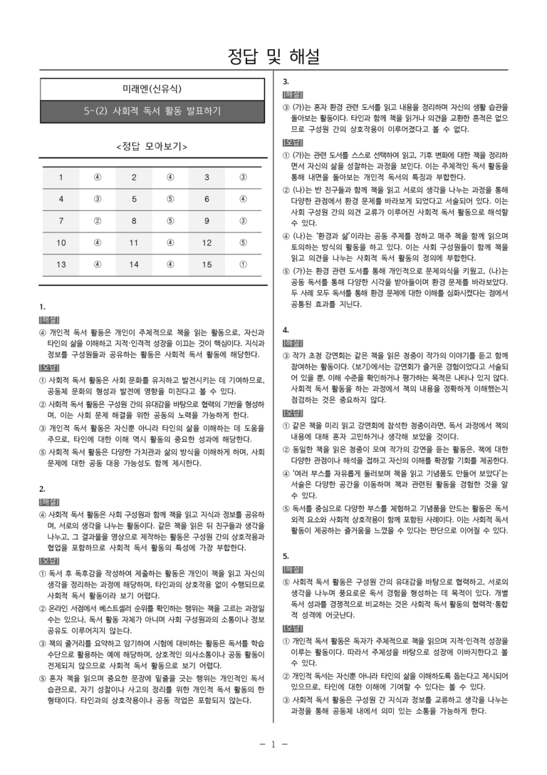 [22개정] 공통국어2 미래엔 5-2 사회적 독서 활동 발표하기_내신예상문제_preview_5