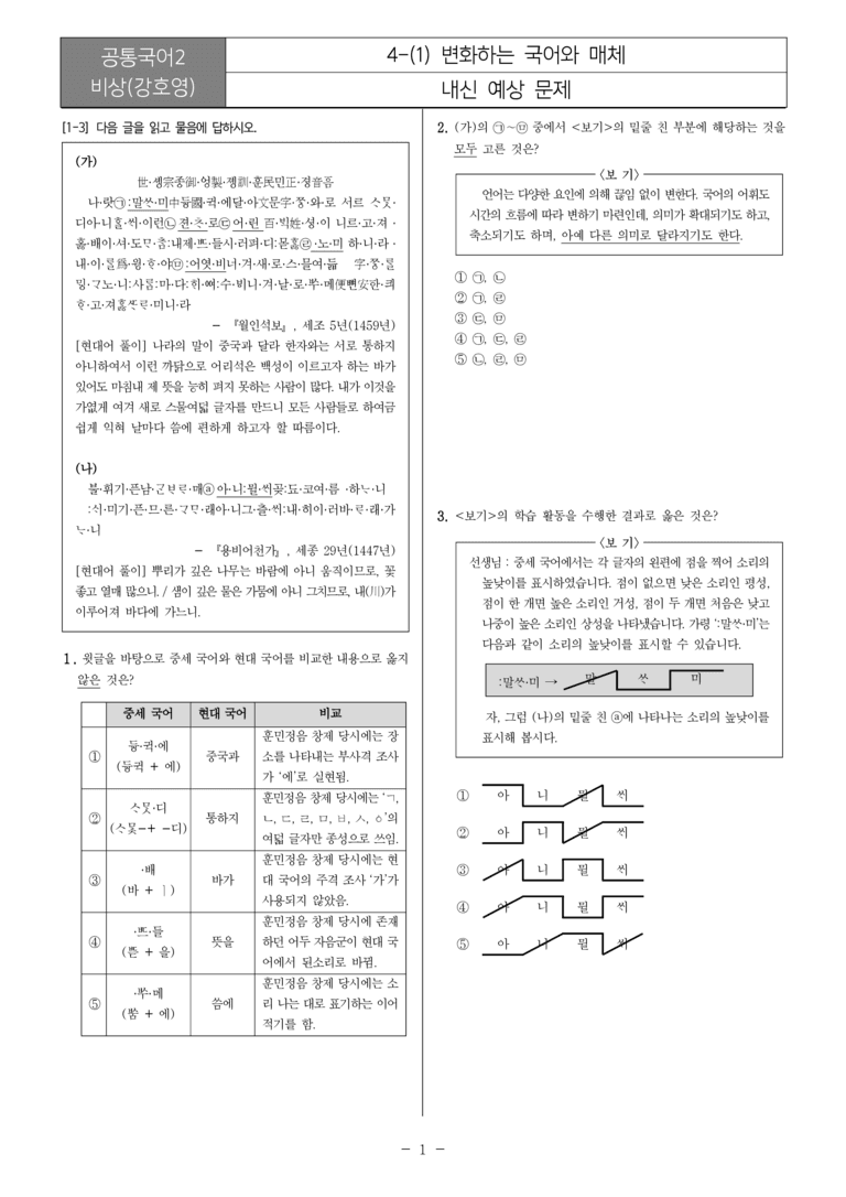 [22개정] 공통국어2 비상(강) 4-1 변화하는 국어와 매체_내신예상문제_preview_1