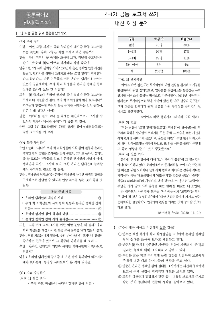 [22개정] 공통국어2 천재(수) 4-2 공동 보고서 쓰기_내신예상문제_preview_1