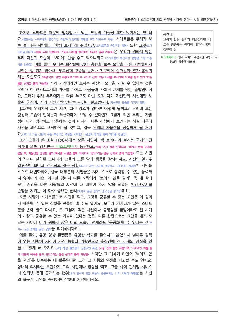 [22개정] 독서와 작문 해냄(송) 2-2 스마트폰과 사회 관계망 시대에 본다는 것의 의미_작품분석_preview_4