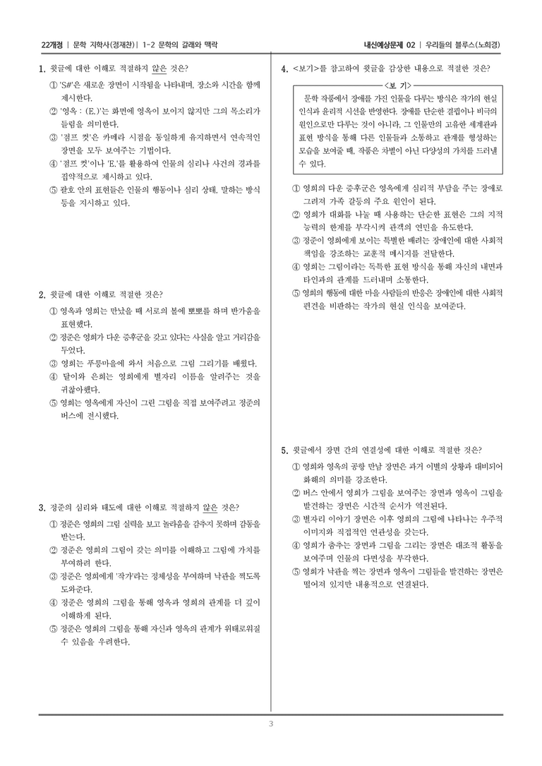 [22개정] 문학 지학사(정) 1-2 문학의 갈래와 맥락 (우리들의 블루스)_내신예상문제02_preview_3