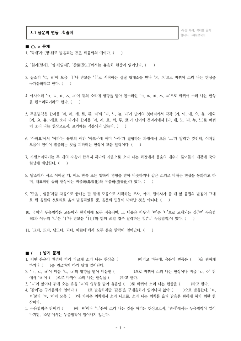 (공국1-미) 3-1 음운의 변동 -학습지 (22문제)_preview_1