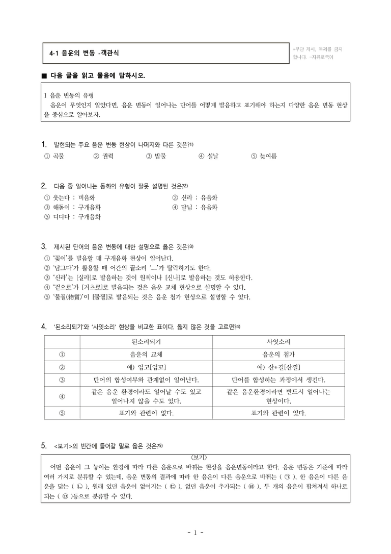(공국1-비강) 4-1 음운의 변동 -객관식 (86문제)_preview_1
