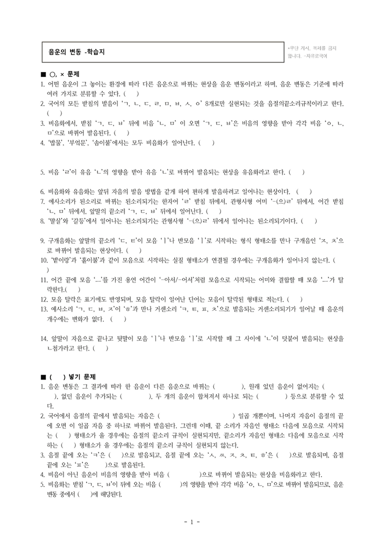 (공국1-비강) 4-1 음운의 변동 -학습지 (26문제)_preview_1