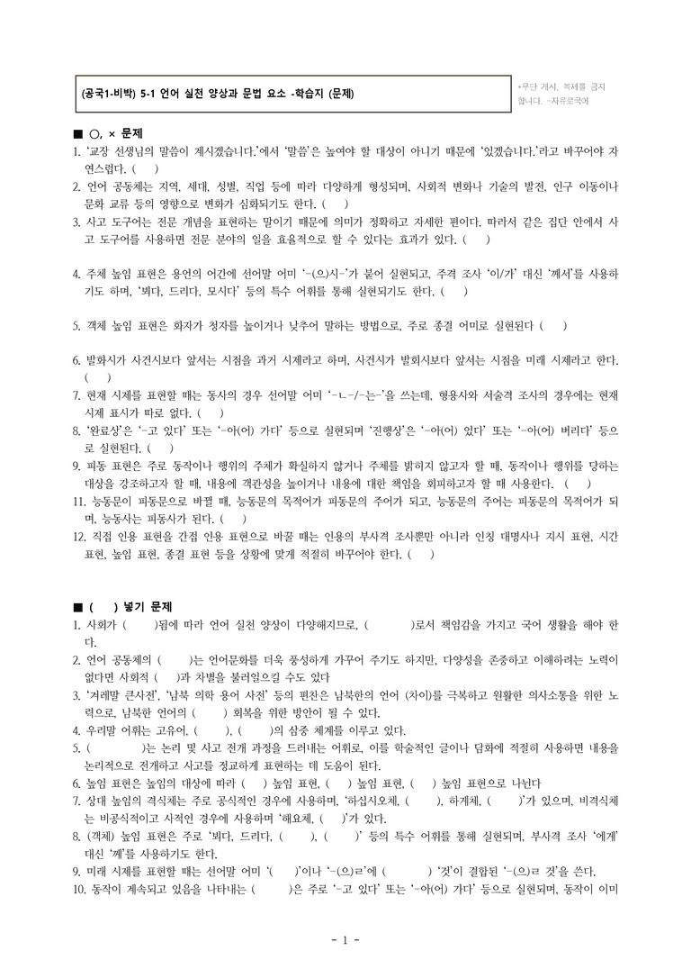 (공국1-비박) 5-1 언어 실천 양상과 문법 요소 -학습지 (24문제)_preview_1
