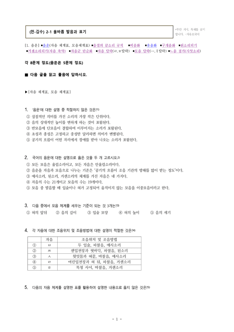 (공국1-천김수) 2-1 올바른 발음과 표기 -객관식 (66문제)_preview_1