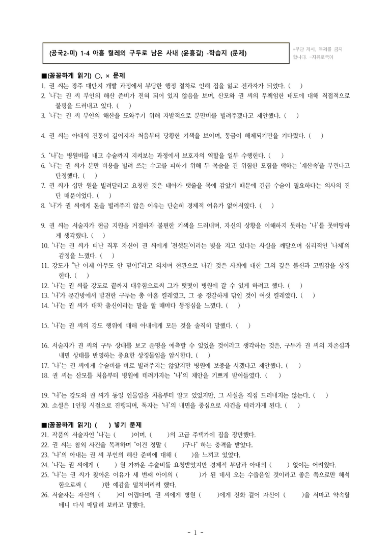(공국2-미) 1-4 아홉 켤레의 구두로 남은 사내 (윤흥길) -학습지 (44문제)_preview_1