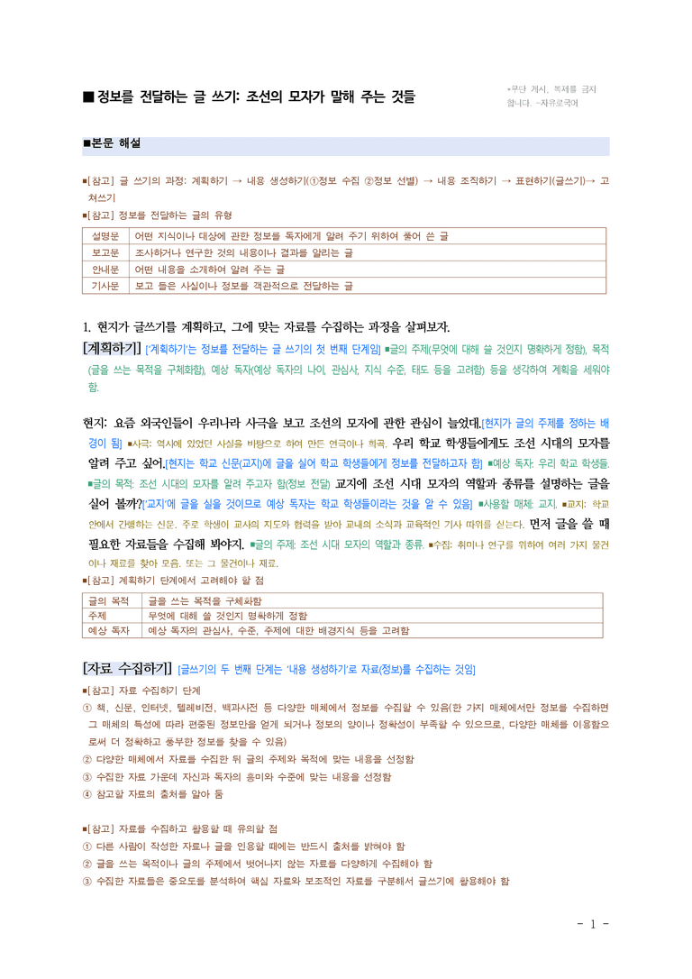 중1-1 (천-노) 3-2 정보를 전달하는 글 쓰기, 조선의 모자가 말해 주는 것들, 우리 학교 소식을 기사로 쓰기 ■(해설•정리)_(11쪽)_preview_1