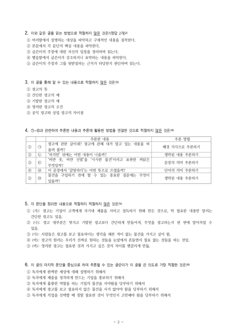 중1-2 (미-신) 4-1 추론하며 읽기 -달콤한 광고의 꼼수, 공익 광고, 귀여워서 슬픈 동물, '근'과 '검' 두 글자를 유산으로 -객관식 (30문제)_preview_2
