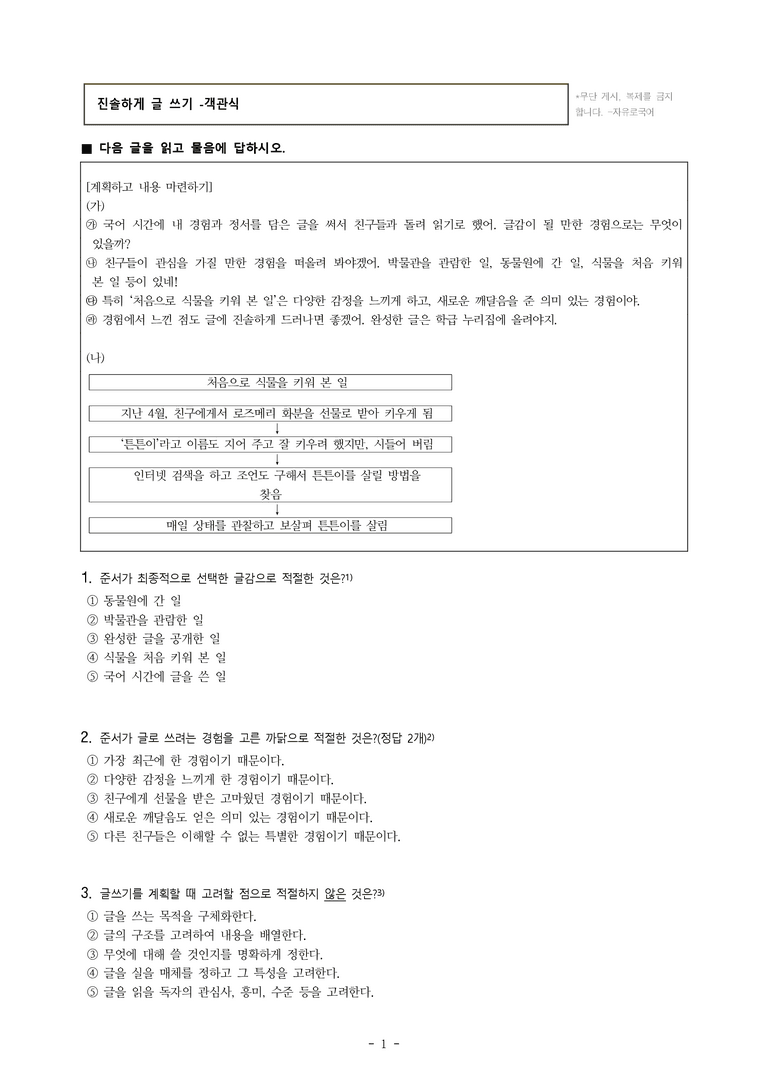 중1-2 (천-노) 1-2 진솔하게 글 쓰기 -객관식 (20문제)_preview_1