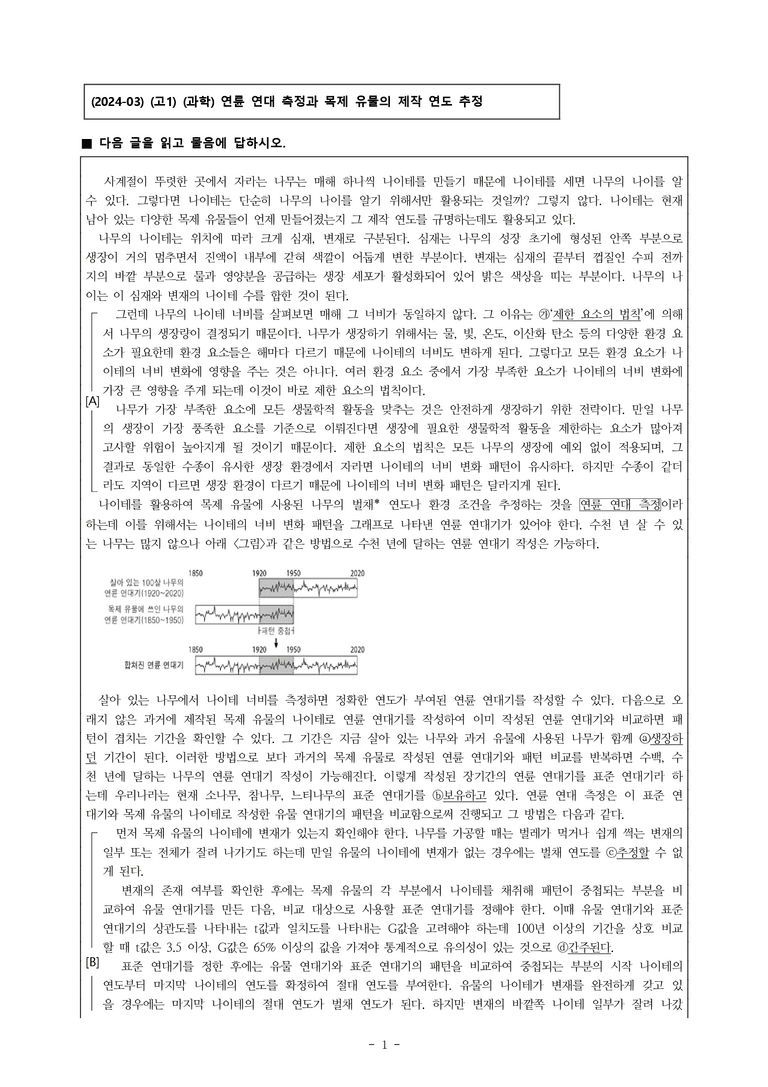 (24-03) (고1) (과학) 연륜 연대 측정과 목제 유물의 제작 연도 추정 (10문제)_preview_1