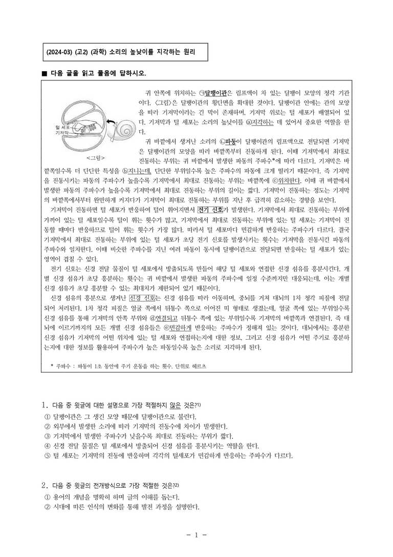 (24-03) (고2) (과학) 소리의 높낮이를 지각하는 원리 (8문제)_preview_1