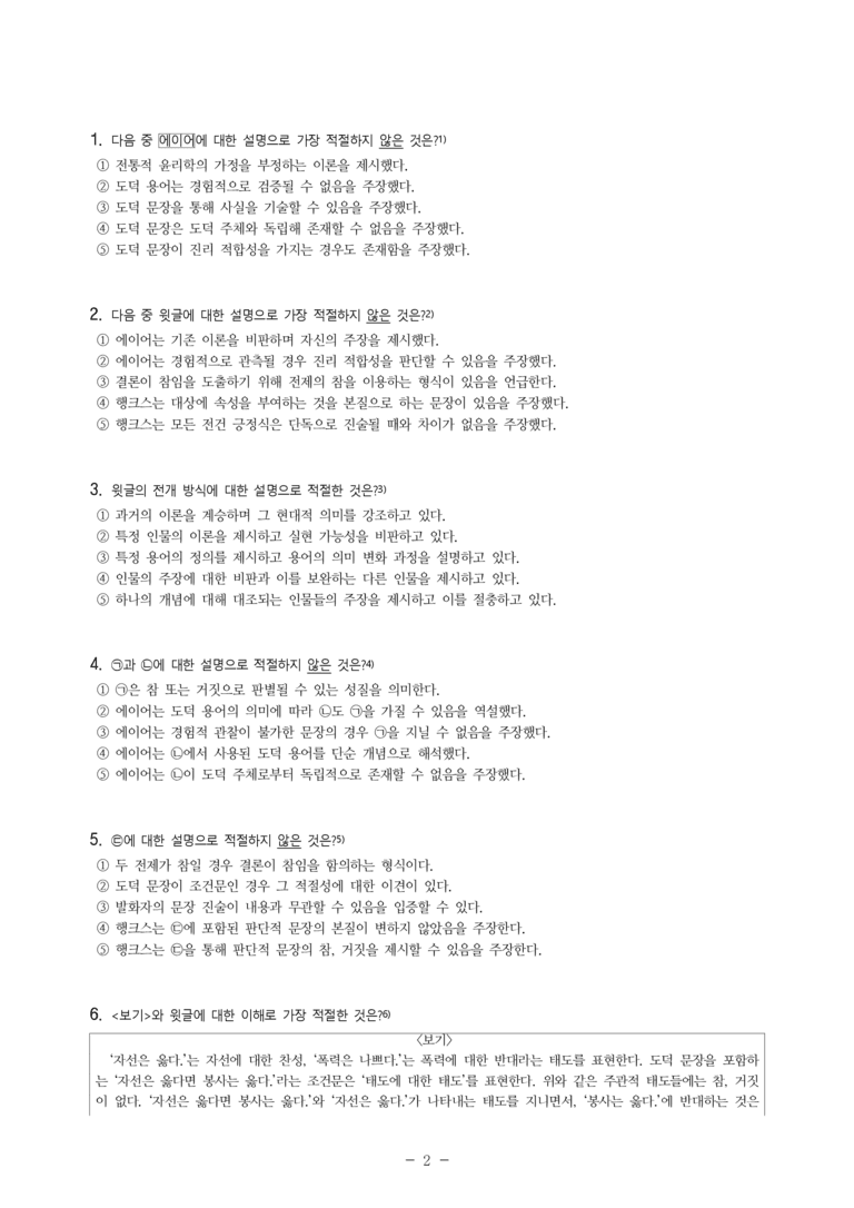 (25-06 모평) (고3) (인문) (가) 도덕 문장의 진리 적합성에 대한 에이어의 견해 (나) 도덕 문장의 논증에 대한 논리학자들의 관점 (7문제)_preview_2