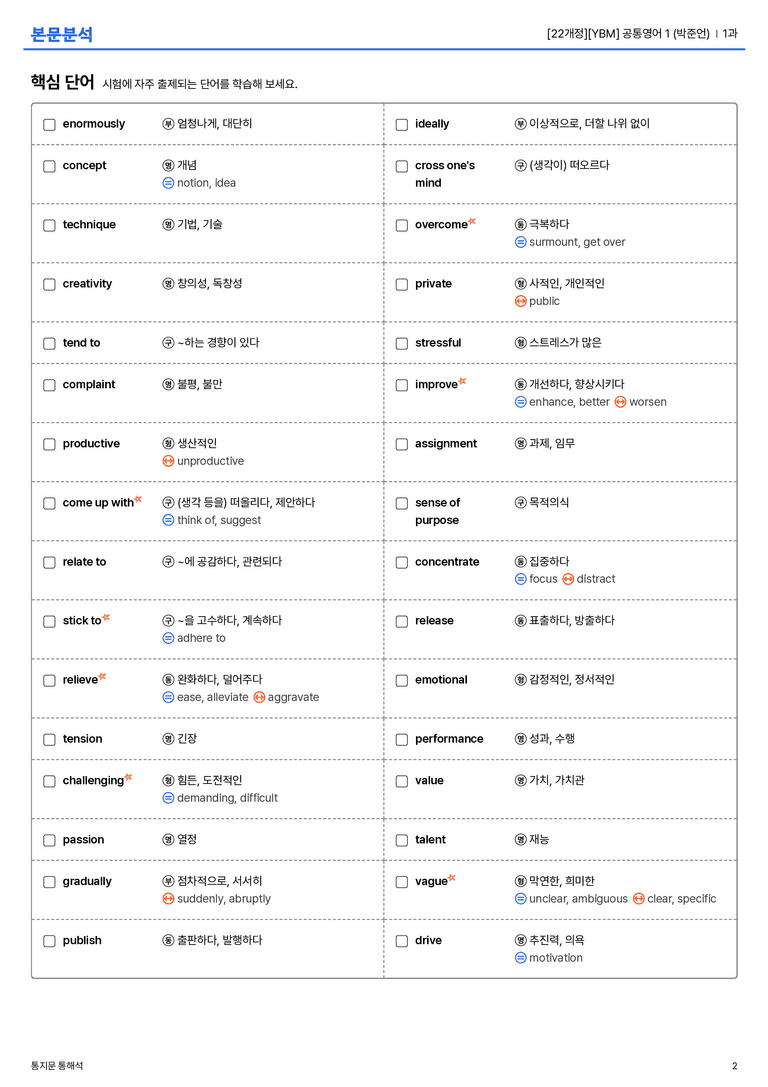 [YBM] 공통영어 1 (박준언) 1과 본문분석_preview_2