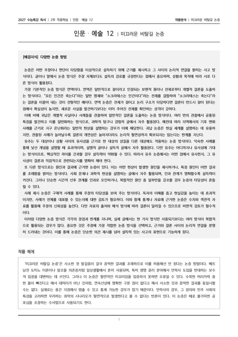 [2027 수능특강 독서] 적용학습 인문예술 12 미끄러운 비탈길 논증_작품분석_preview_1