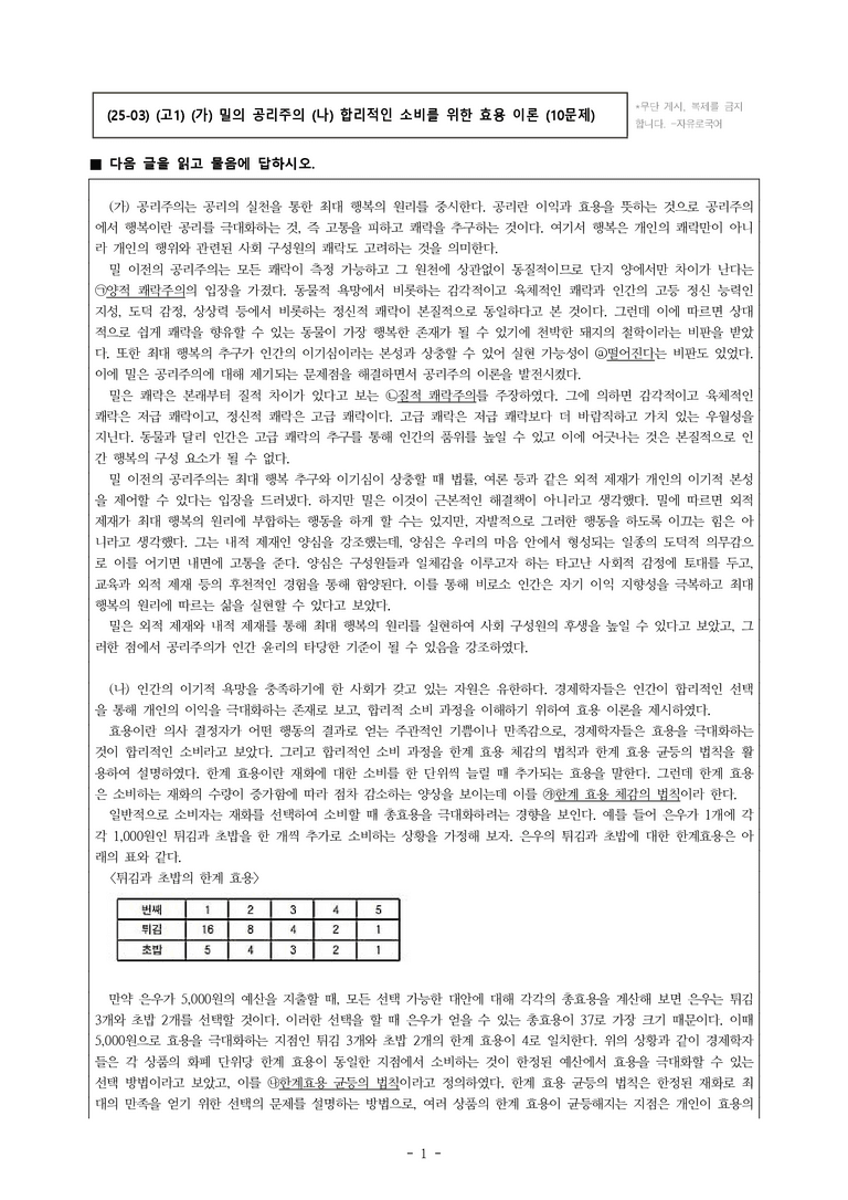 (25-03) (고1) (인문) (가) 밀의 공리주의 (나) 합리적인 소비를 위한 효용 이론 (10문제)_preview_1