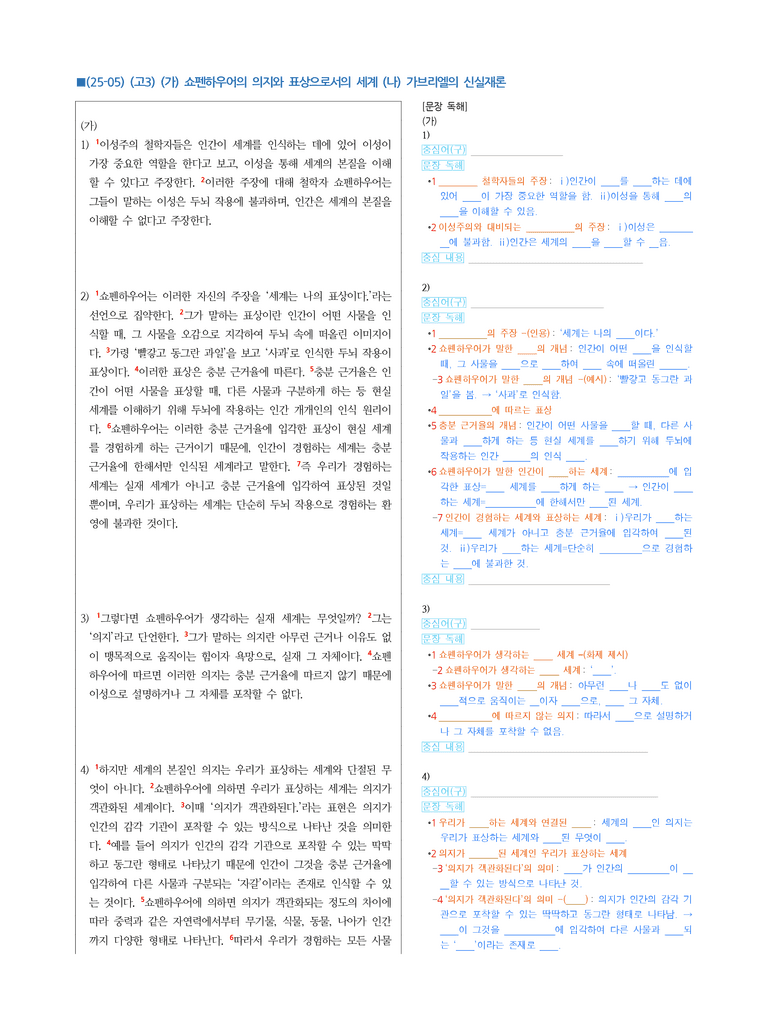 (25-05) (고3) (인문 주제 통합) (가) 쇼펜하우어의 의지와 표상으로서의 세계 (나) 가브리엘의 신실재론 (지문해설)_preview_1