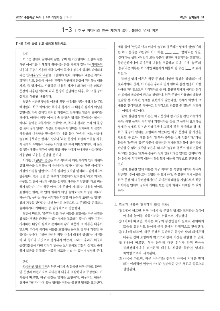 [2027 수능특강 독서] 개념학습 03 허구 이야기와 믿는 체하기 놀이, 불완전 명제 이론_고난도 심화문제01_preview_1