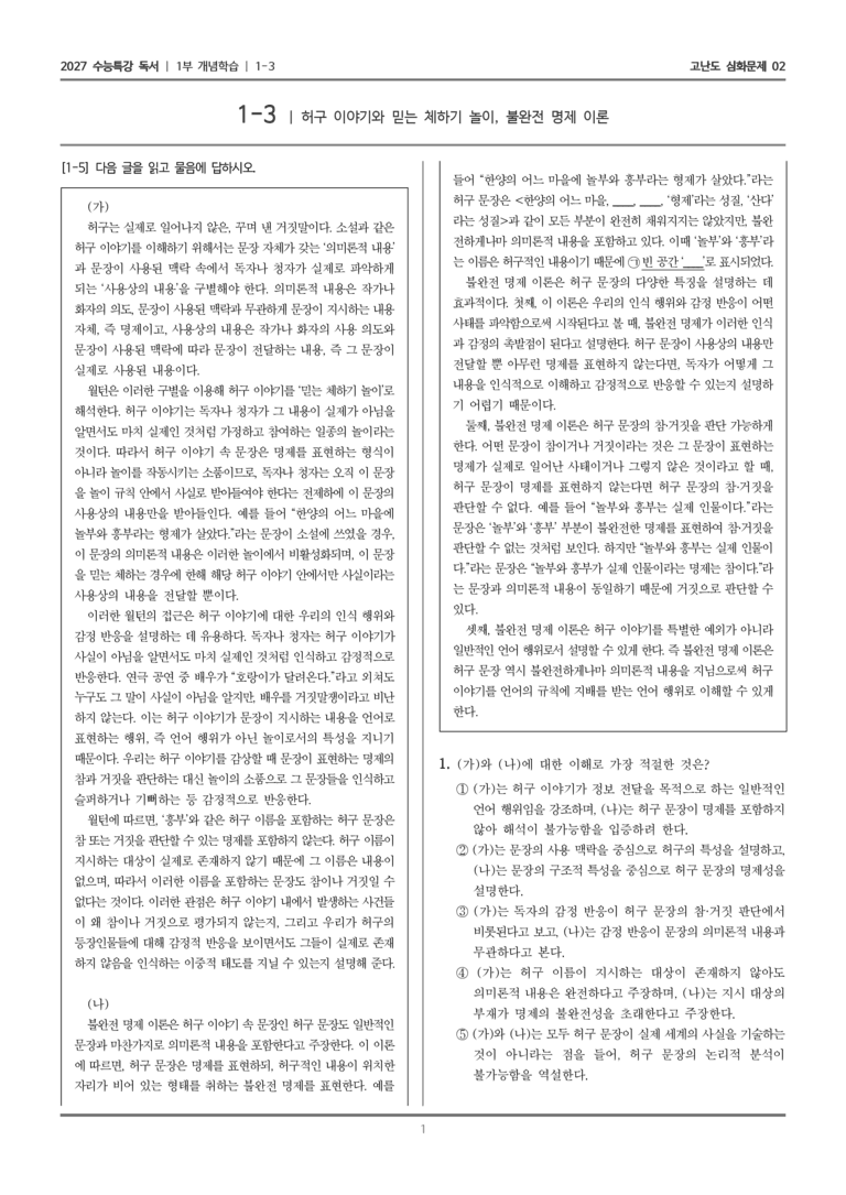 [2027 수능특강 독서] 개념학습 03 허구 이야기와 믿는 체하기 놀이, 불완전 명제 이론_고난도 심화문제02_preview_1