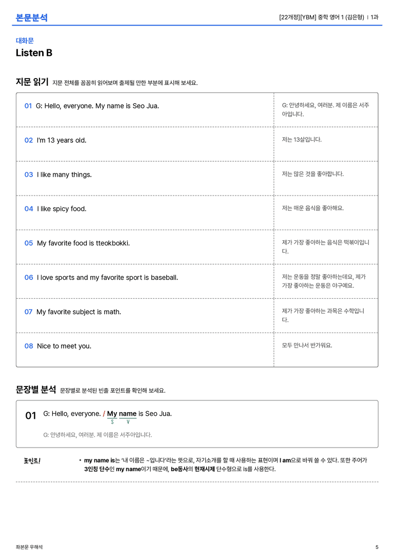 [YBM] 중학 영어 1 (김은형) 1과 본문분석_preview_5