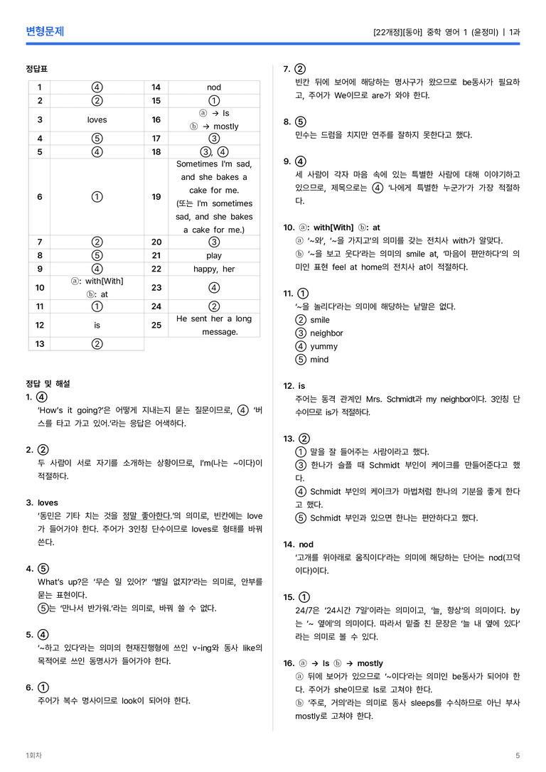 [동아] 중학 영어 1 (윤정미) 1과 변형문제 1회차_preview_5