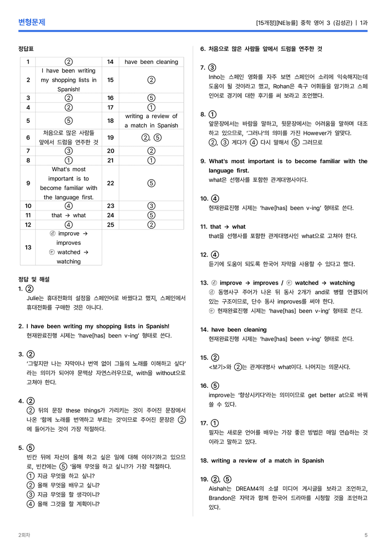 [NE능률] 중학 영어 3 (김성곤) 1과 변형문제 2회차_preview_5