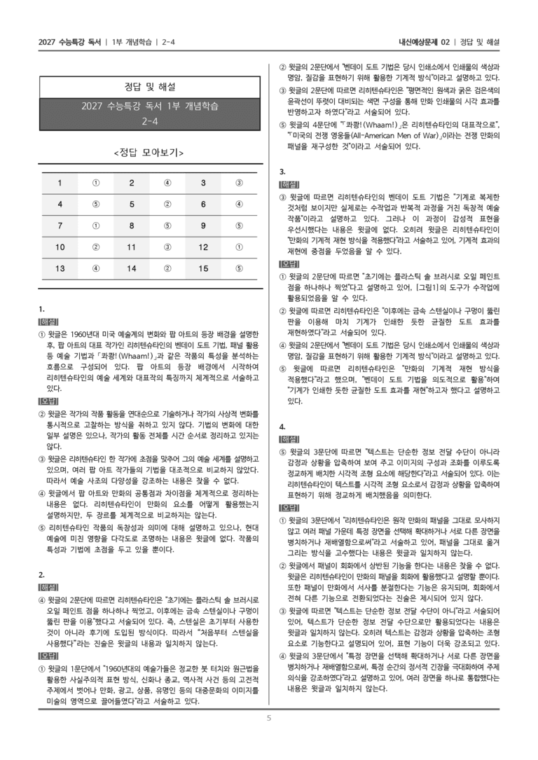 [2027 수능특강 독서] 개념학습 2-4 로이 리히텐슈타인_내신예상문제02_preview_5