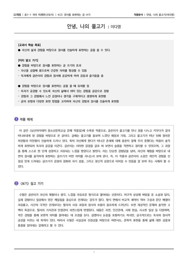 [22개정] 중1-1 미래엔(신) 4(2) 정서를 표현하는 글 쓰기_작품분석_preview_1