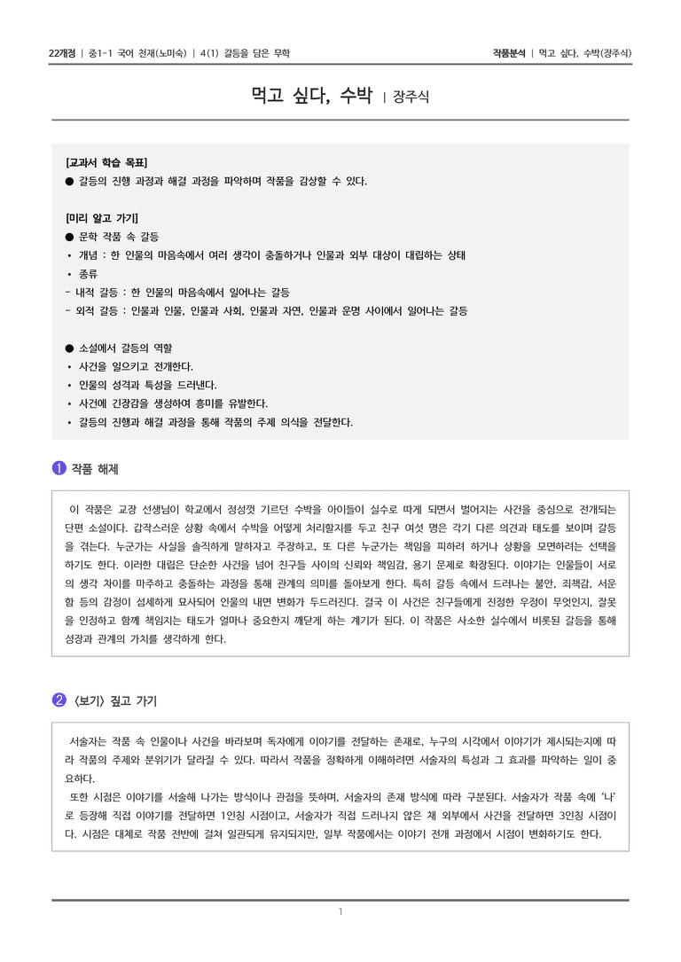 [22개정] 중1-1 천재(노) 4(1) 갈등을 담은 문학_작품분석_preview_1