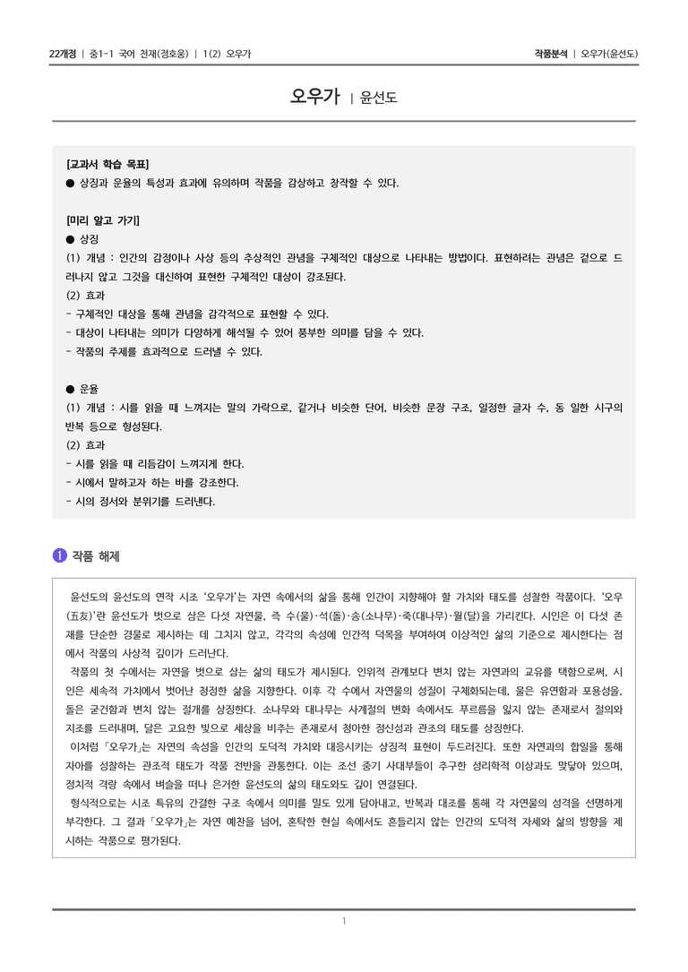 [22개정] 중1-1 천재(정) 1(2) 오우가_작품 분석_preview_1
