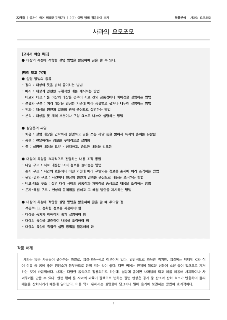 [22개정] 중2-1 미래엔(민) 2(1) 설명 방법 활용하여 쓰기_작품분석 1_preview_1