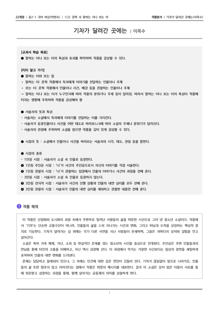 [22개정] 중2-1 비상(박현) 1(2) 문학 속 말하는 이나 보는 이_작품분석 1_preview_1