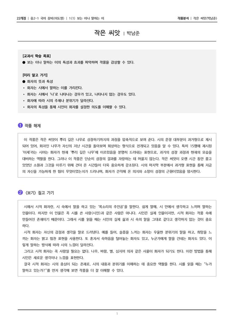 [22개정] 중2-1 창비(이) 1(1) 보는 이나 말하는 이_작품분석 1_preview_1