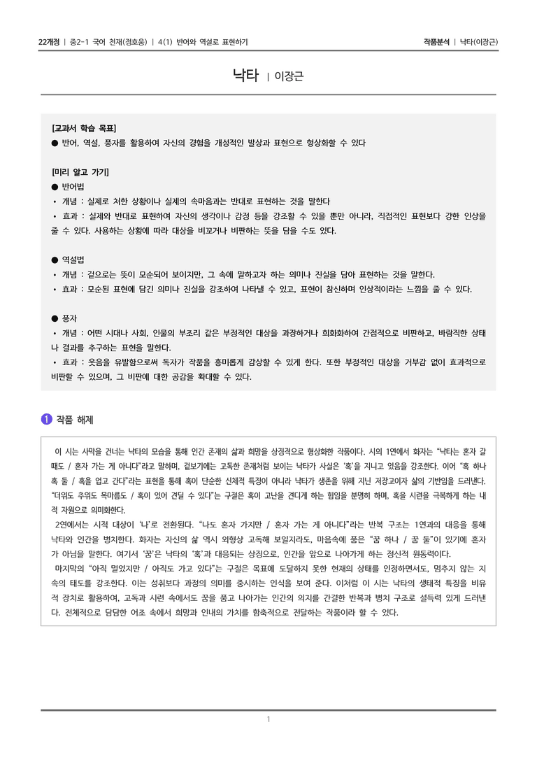 [22개정] 중2-1 천재(정) 4(1) 반어와 역설로 표현하기_작품분석 2_preview_1