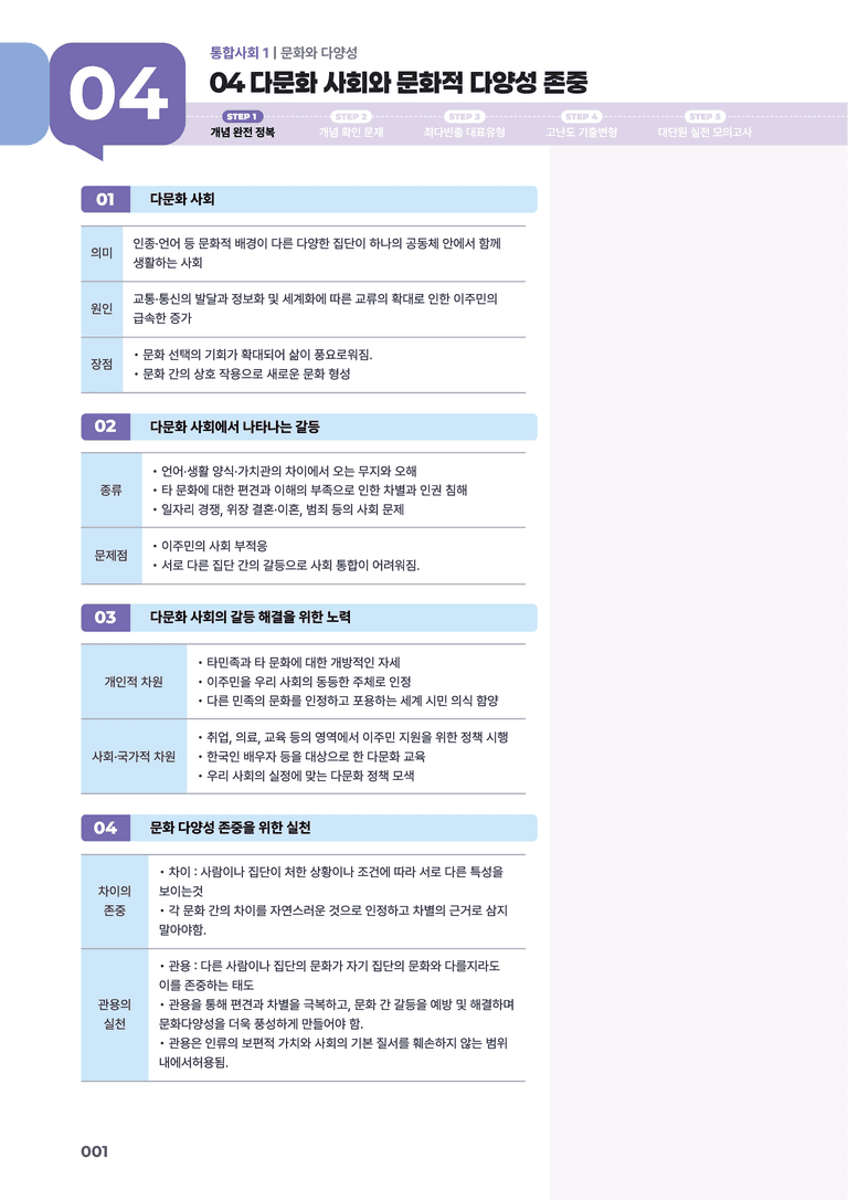 4-4 다문화 사회와 문화적 다양성 존중 | STEP1 개념확인문제_preview_1