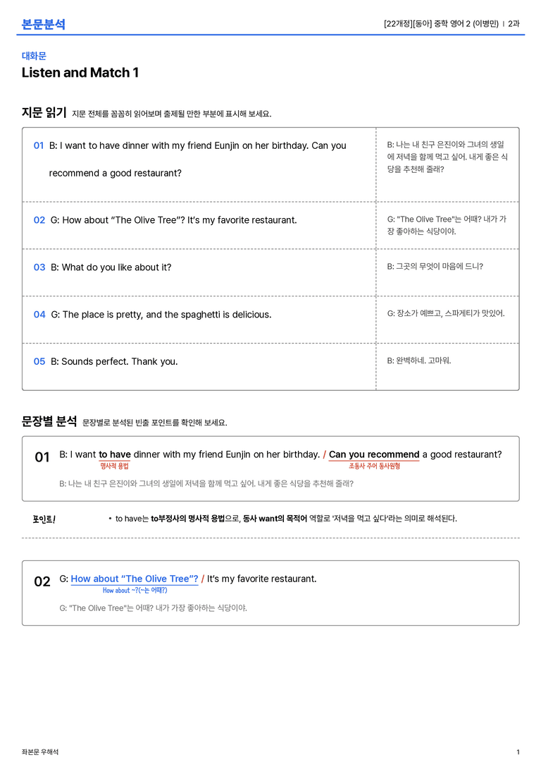 [동아] 중학 영어 2 (이병민) 2과 본문분석_preview_1