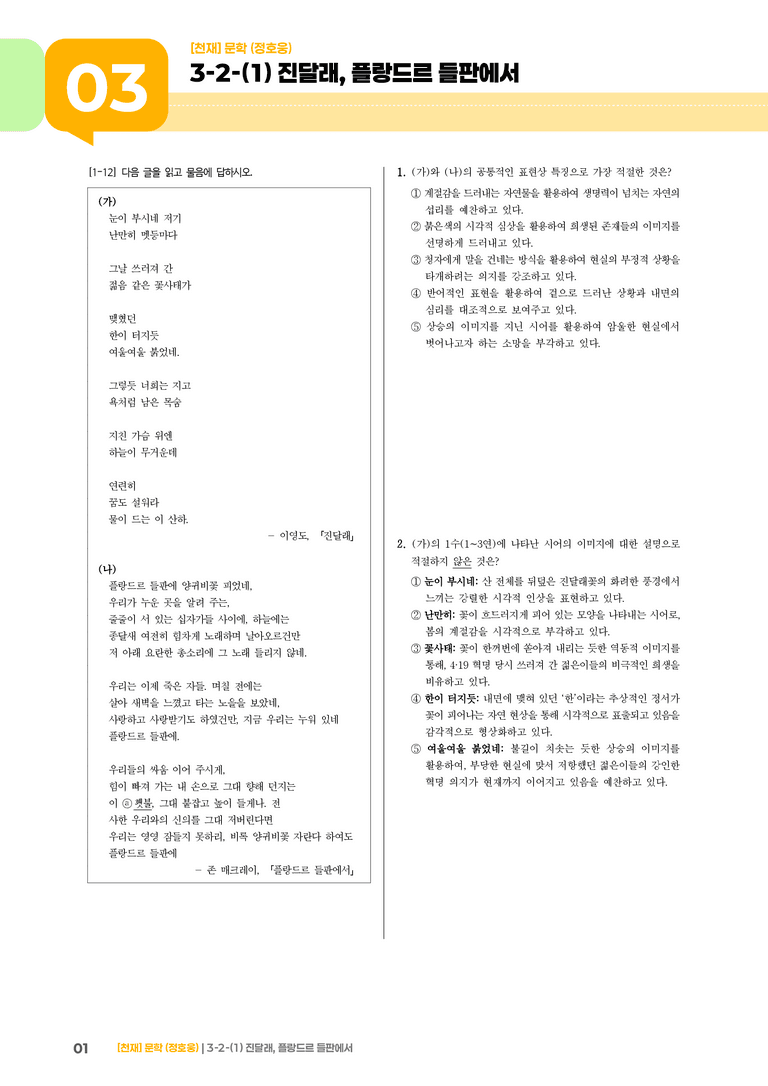 3-2 한국 문학의 특성_진달래, 플랑드르 들판에서_기출 적중 문제02_preview_1