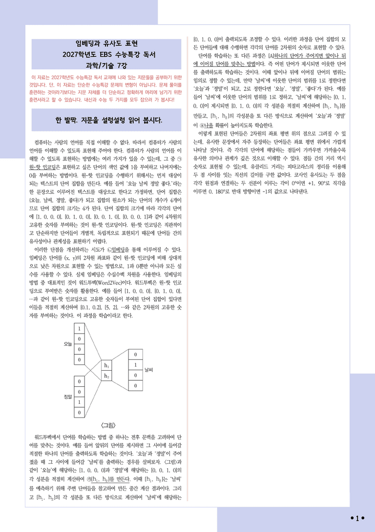 [2027 수능특강 독서] 적용학습 과학기술 07 임베딩과 유사도 표현_분석+문제_preview_1