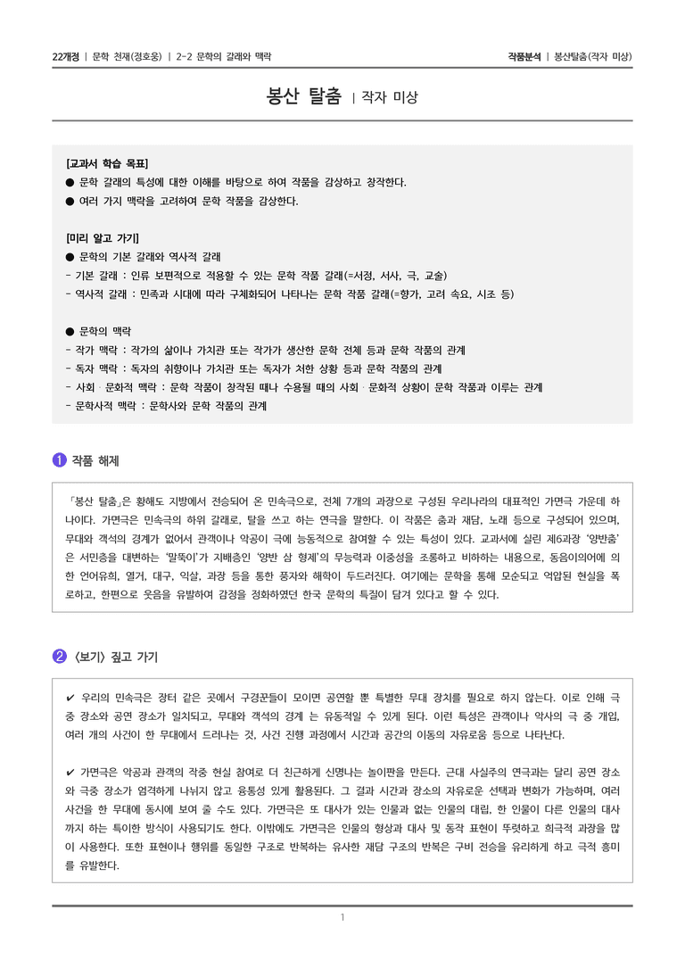 2-2 문학의 갈래와 맥락_봉산 탈춤_작품분석_preview_1