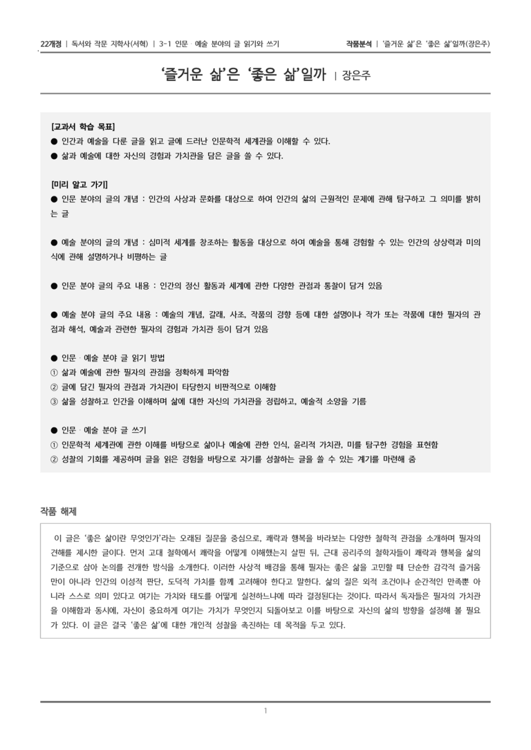 3-1 인문·예술 분야의 글 읽기와 쓰기_'즐거운 삶'은 '좋은 삶'일까_작품분석_preview_1